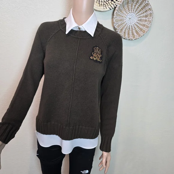 LAUREN RALPH LAUREN Womens Sweater Layered Bullion Patch Logo Brown Small - Picture 13 of 16